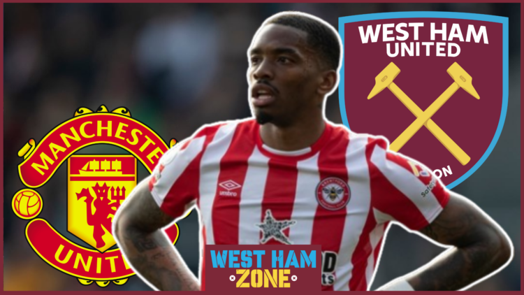 Ivan Toney, West Ham badge, Manchester United badge