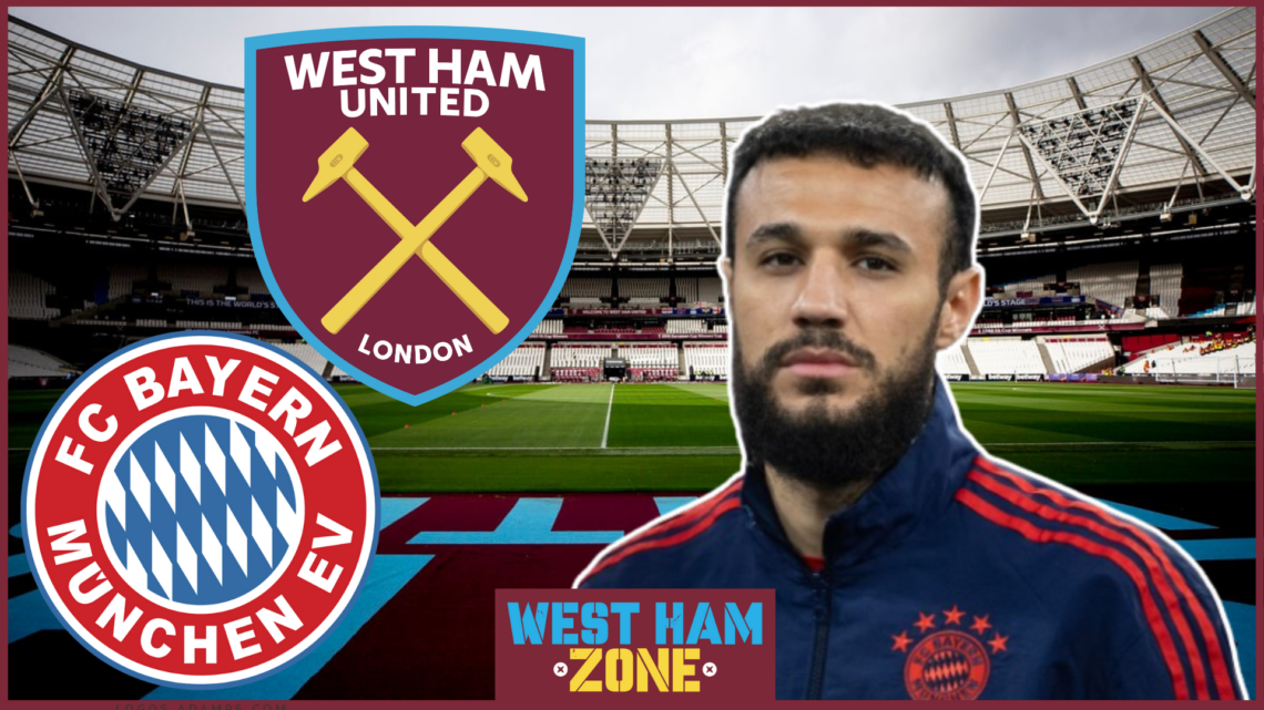 Noussair Mazraoui, West Ham badge, Bayern Munich badge