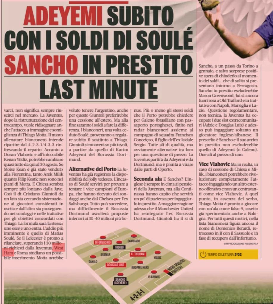 Gazzetta dello Sport, West Ham, Matias Soule