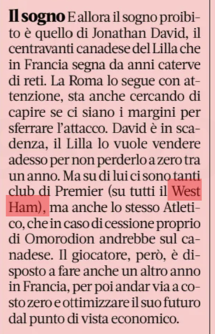 Gazzetta dello Sport article, Jonathan David, West Ham