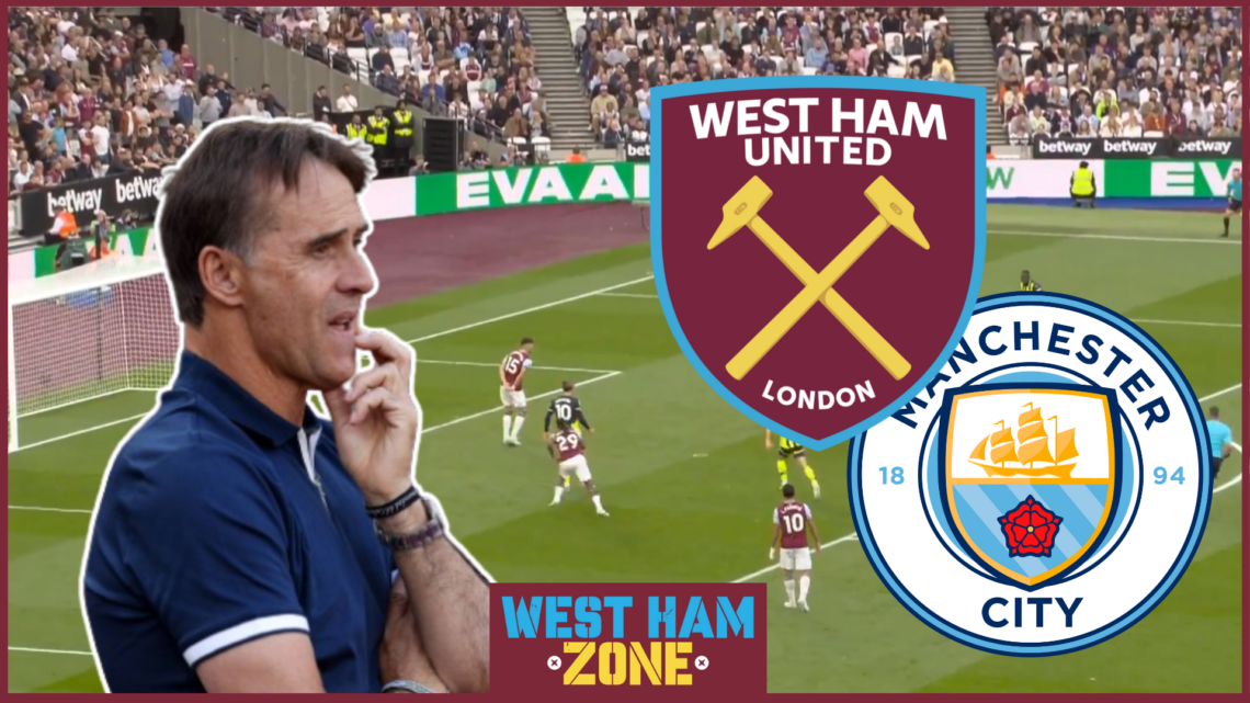 Julen Lopetegui, West Ham badge, Manchester City badge