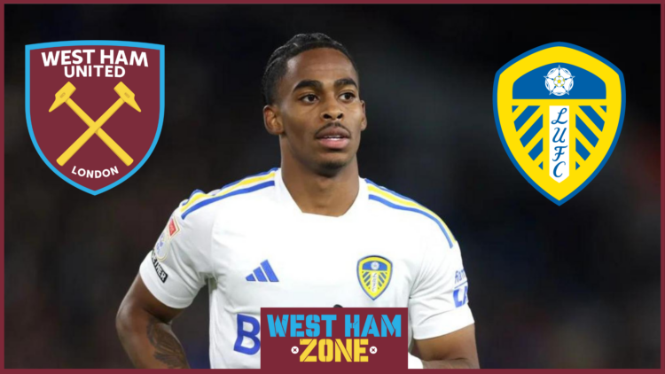 Crysencio Summerville, Leeds United badge, West Ham badge