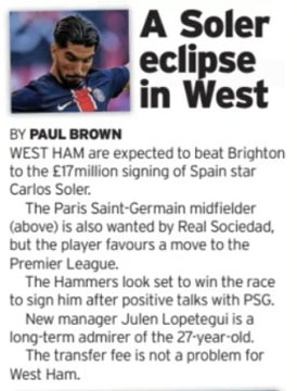 Carlos Soler, West Ham, Brighton, Daily Mirror article