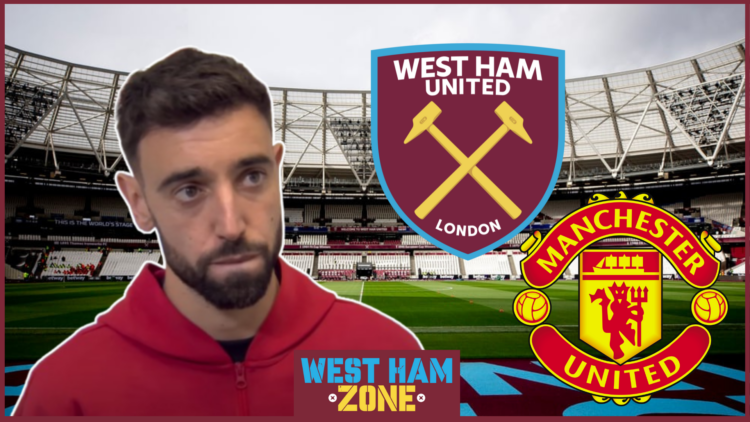 Bruno Fernandes, West Ham badge, Manchester United badge