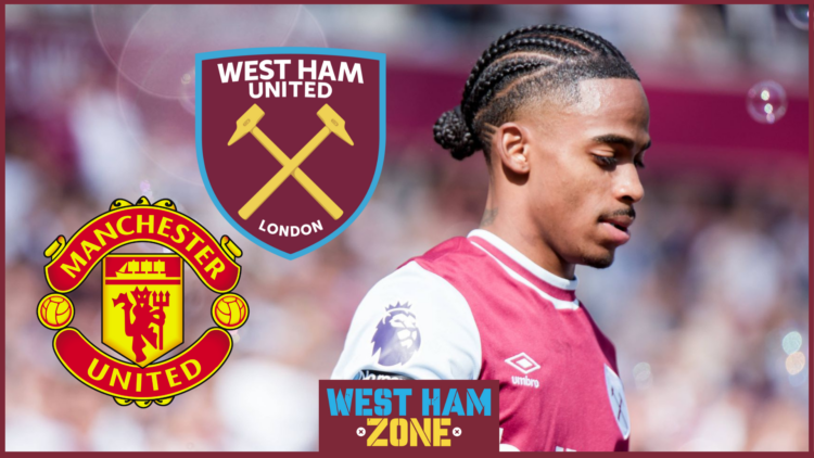 Crysencio Summerville, West Ham badge, Manchester United badge
