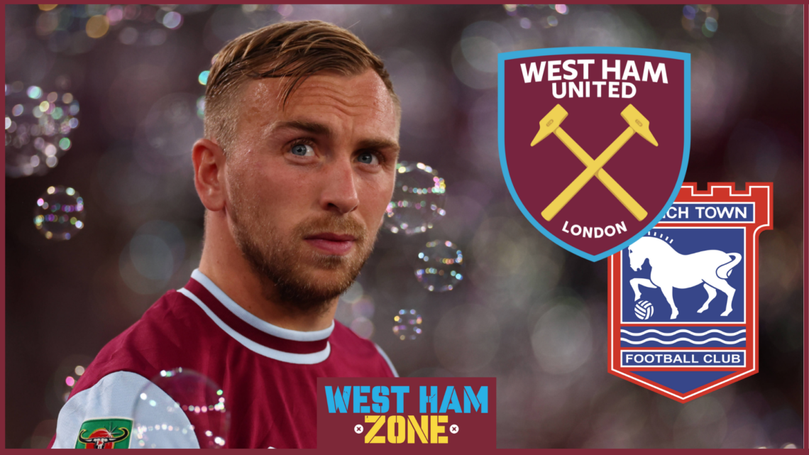 Jarrod Bowen, West Ham badge, Ipswich Town badge