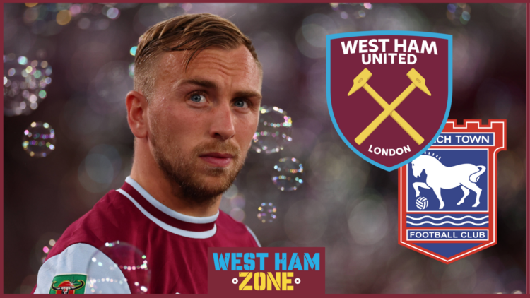 Jarrod Bowen, West Ham badge, Ipswich Town badge