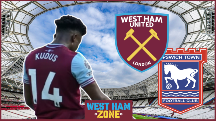 Mohammed Kudus, West Ham badge, Ipswich Town badge