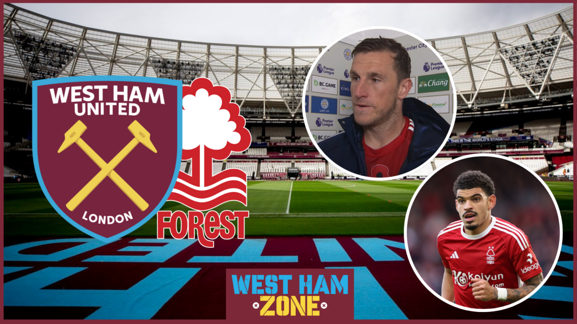 Morgan Gibbs-White, Chris Wood, West Ham badge, Nottingham Forest badge