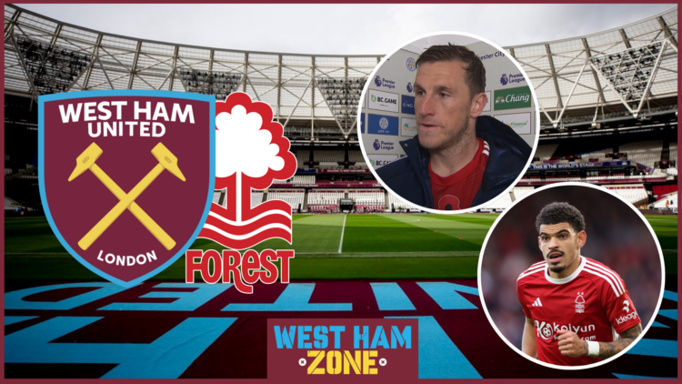 Morgan Gibbs-White, Chris Wood, West Ham badge, Nottingham Forest badge