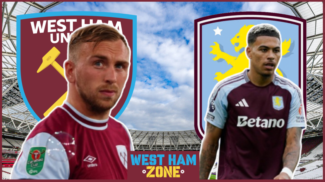 Jarrod Bowen, Morgan Rogers, West Ham badge, Aston Villa badge