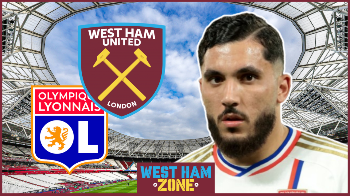 Rayan Cherki, West Ham badge, Lyon badge