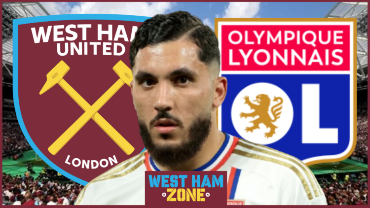 Rayan Cherki, West Ham United badge, Lyon badge
