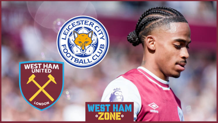 Crysencio Summerville, West Ham badge, Leicester City badge