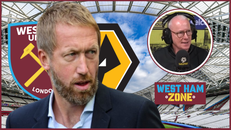 Graham Potter, Jim White in inset, West Ham badge, Wolves badge