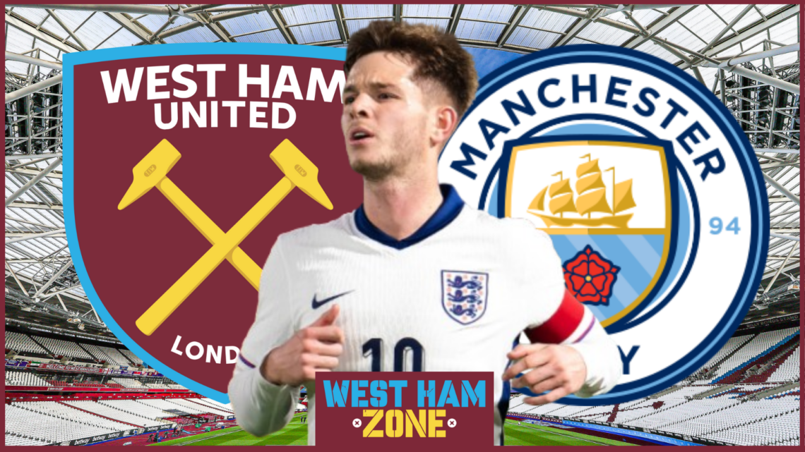 James McAtee, West Ham badge, Manchester City badge