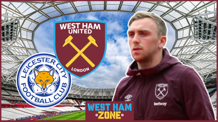Jarrod Bowen, West Ham badge, Leicester City badge