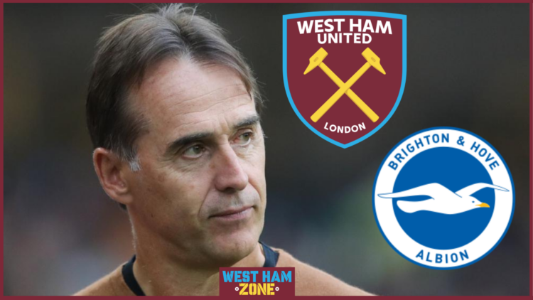 Julen Lopetegui with West Ham and Brighton badges