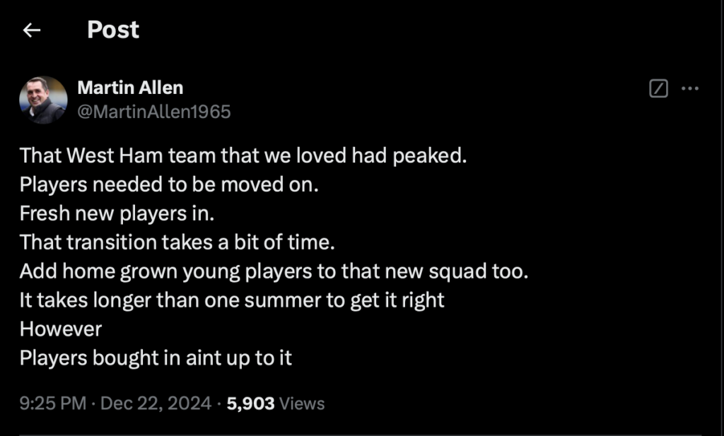 Martin Allen West Ham tweet