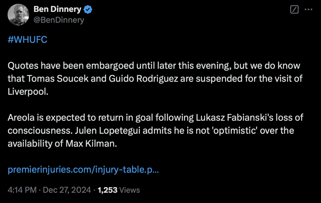 West Ham Premier Injuries update