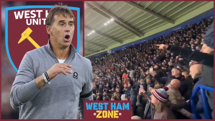 West Ham badge, Julen Lopetegui, West Ham fans at Leicester