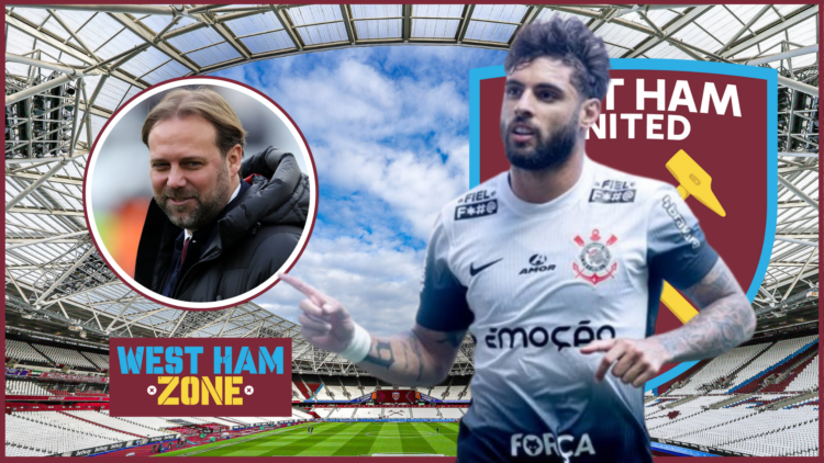 Yuri Alberto, Tim Steidten in inset, West Ham badge, London Stadium