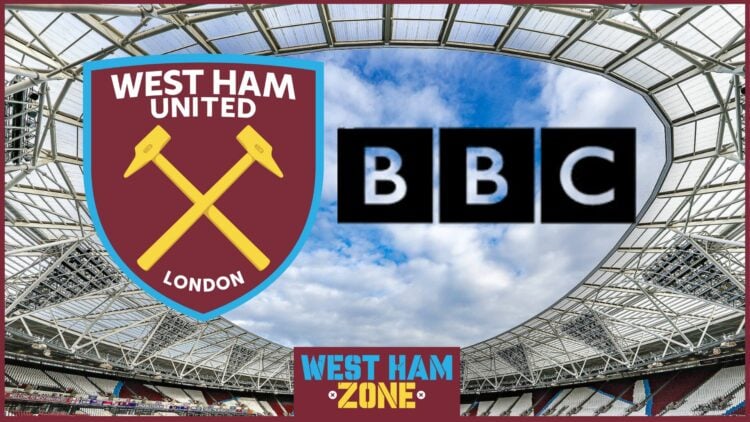 West Ham United badge, BBC logo, London Stadium