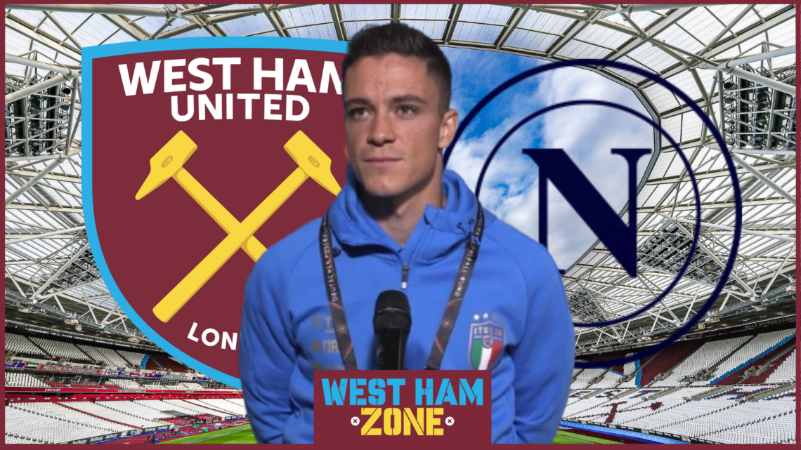 Giacomo Raspadori, West Ham United badge, Napoli badge