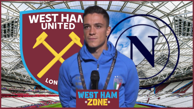 Giacomo Raspadori, West Ham United badge, Napoli badge