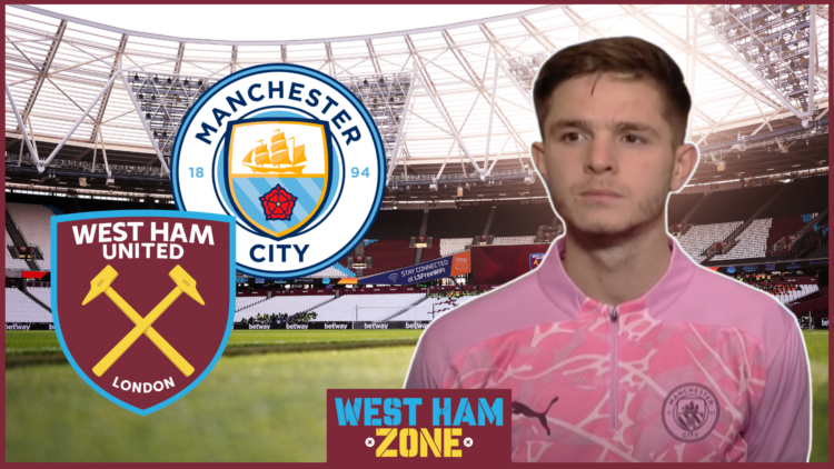 James McAtee, West Ham badge, Manchester City badge