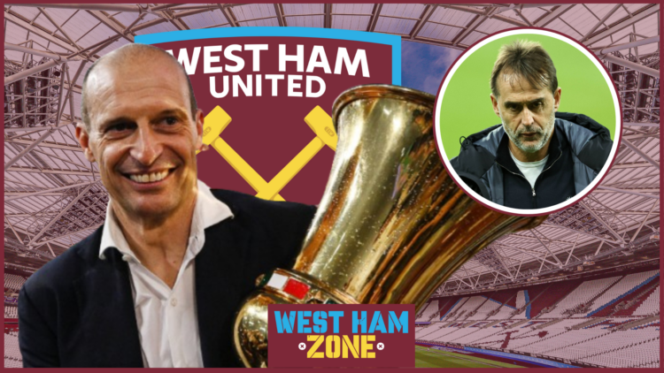 Massimiliano Allegri, Julen Lopetegui in inset, West Ham badge