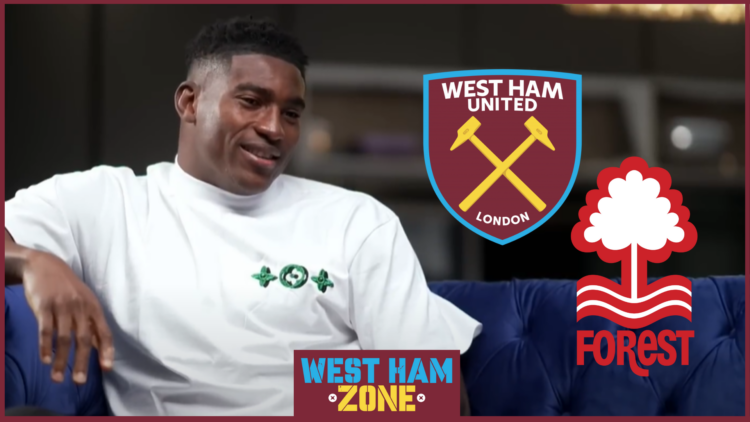 Taiwo Awoniyi, West Ham badge, Nottingham Forest badge