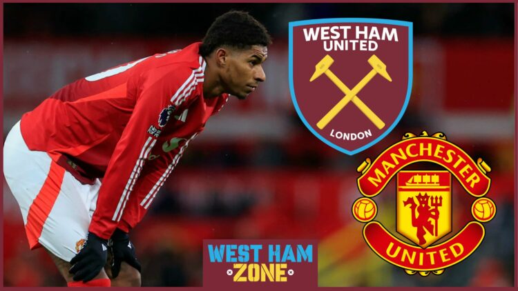 Marcus Rashford, West Ham badge, Manchester United badge