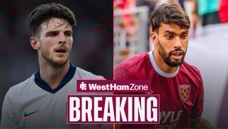 Arsenal and England Declan Rice stares at West Ham midfielder Lucas Paqueta.