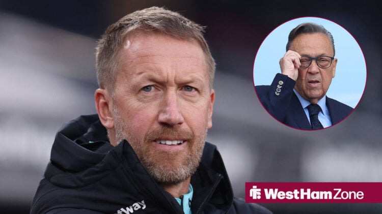 West Ham manager Graham Potter looks concernedly at owner David Sullivan.