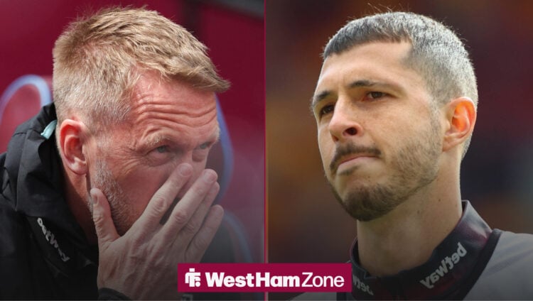 Graham Potter covering his face next Guido Rodriguez.