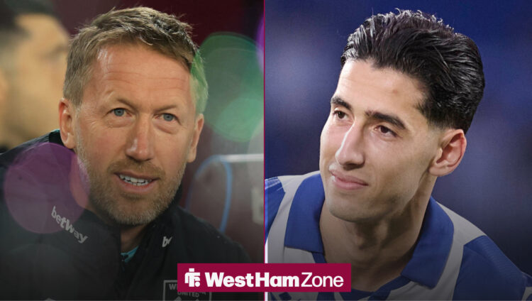West Ham manager Graham Potter smiles at defender Nayef Aguerd.