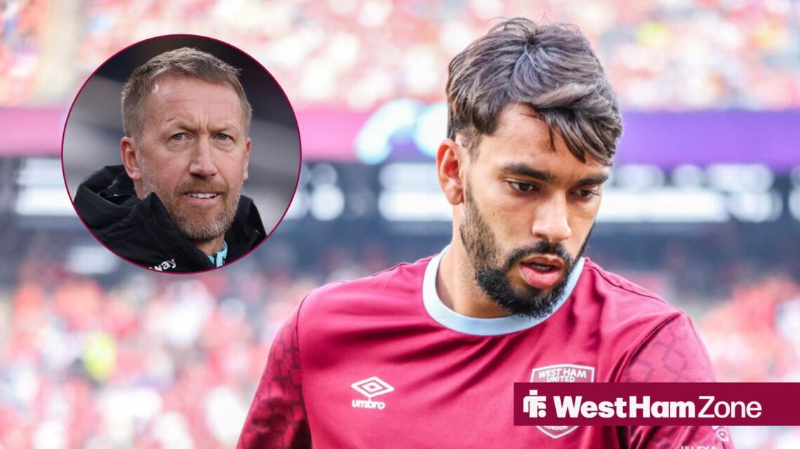 Lucas Paqueta looking towards the ground, with Graham Potter in a circular frame