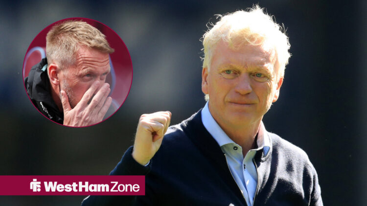 Graham Potter in a circular inset with his hands covering his face, David Moyes fist pumping.