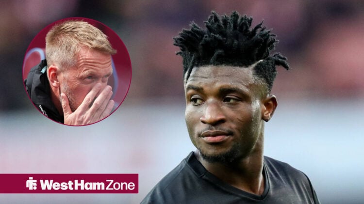 West Ham United manager Graham Potter in a circular insert and Mohammed Kudus playing for Tottenham
