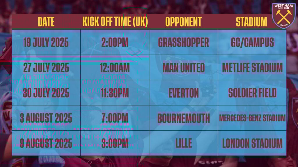 West Ham pre-season schedule