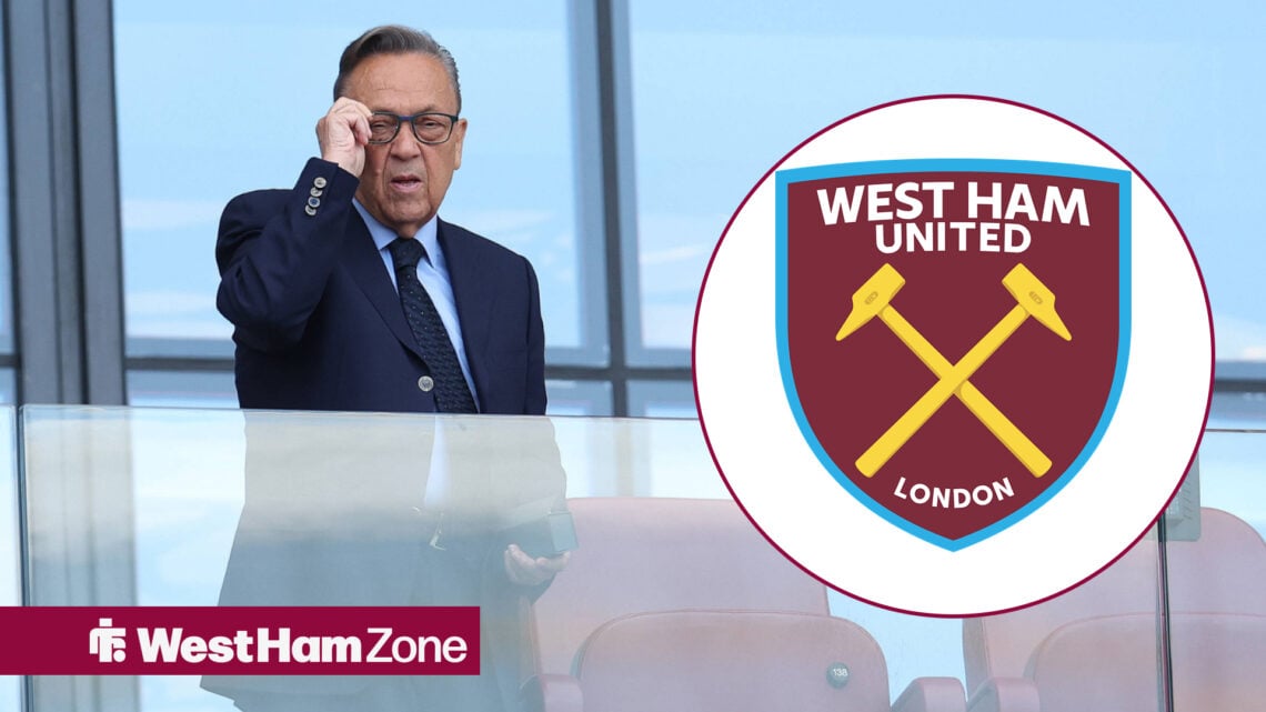 David Sullivan looks on, with a West Ham badge in a circular frame