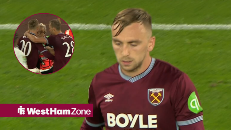 West Ham star Jarrod Bowen stares at the ground in frustration.