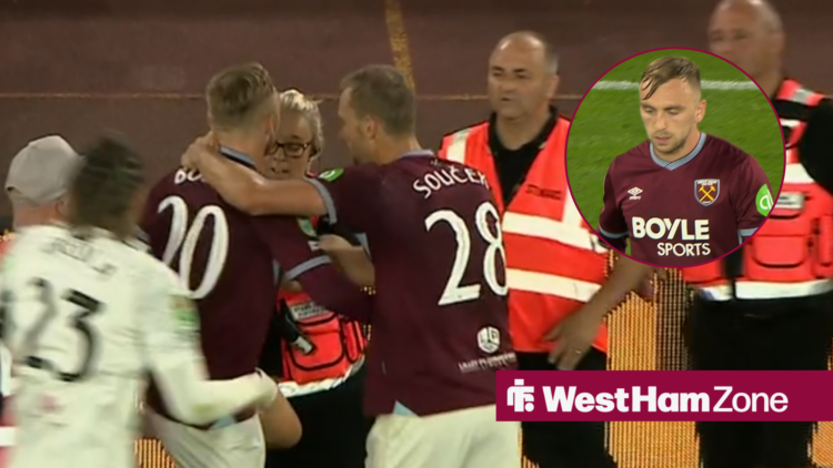 Tomas Soucek pulls Jarrod Bowen away from confrontation with West Ham fans after defeat vs Wolves. A smaller image shows Bowen walking away.