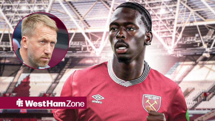 Soungoutou Magassa in a West Ham kit, with Graham Potter in a circular frame