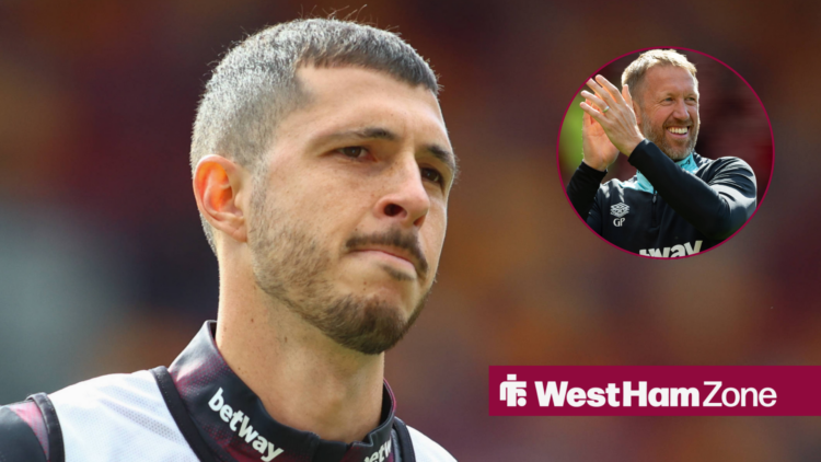 Guido Rodriguez looking at Graham Potter in circle clapping