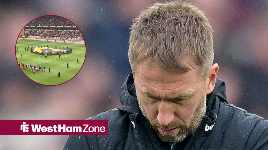 West Ham boss Graham Potter looking disappointed next to an image of the Wolves stadium, Molineux