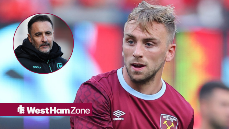 West Ham captain looking towards Wolves manager Vitor Pereira in a circle frame