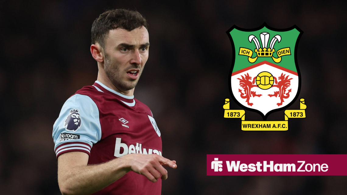 Andy Irving in action for West Ham with the Wrexham badge