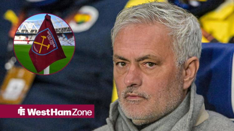 Jose Mourinho looking towards an image of a West Ham corner flag at the London Stadium